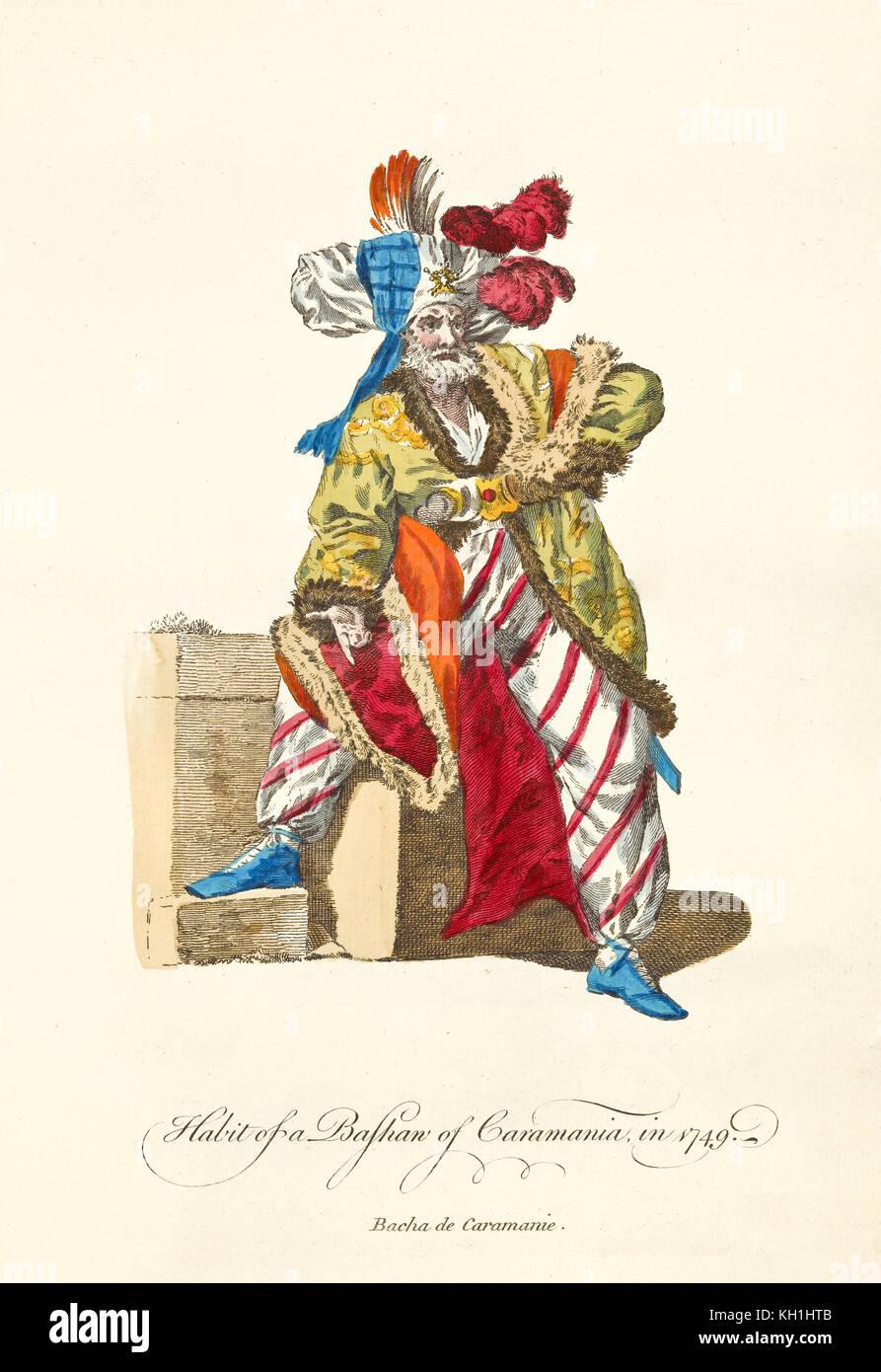 Vieux illustratiion de Caramania Pasha (Sud de l'Anatolie) en vêtements traditionnels en 1749. Par J.M. Vien, publ. T. Jefferys, Londres, 1757-1772 Banque D'Images