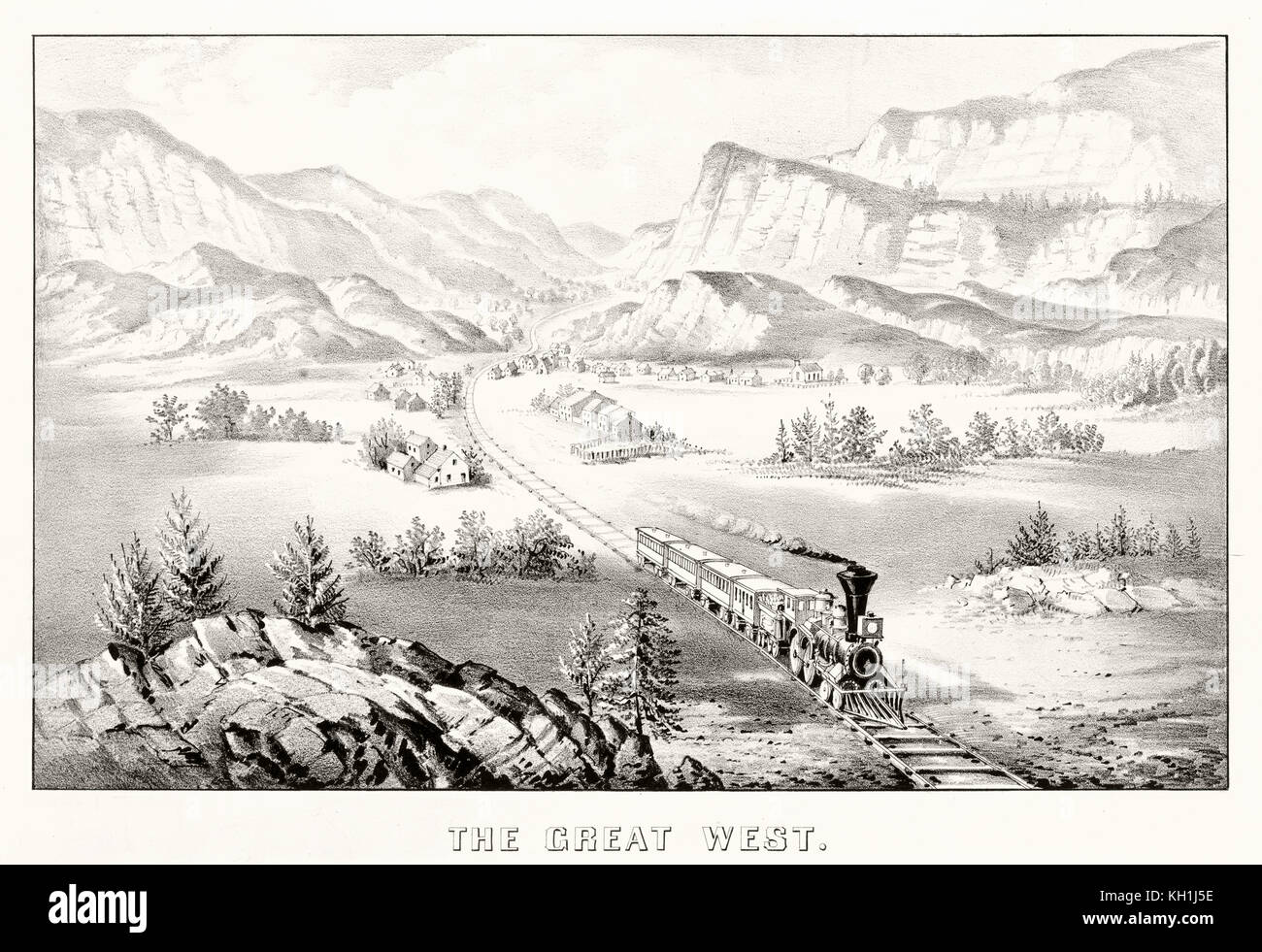 Vieille illustration représentant un train le long du chemin de fer de l'ouest dans une vallée. Par Currier & Ives, publ. à New York, 1870 Banque D'Images