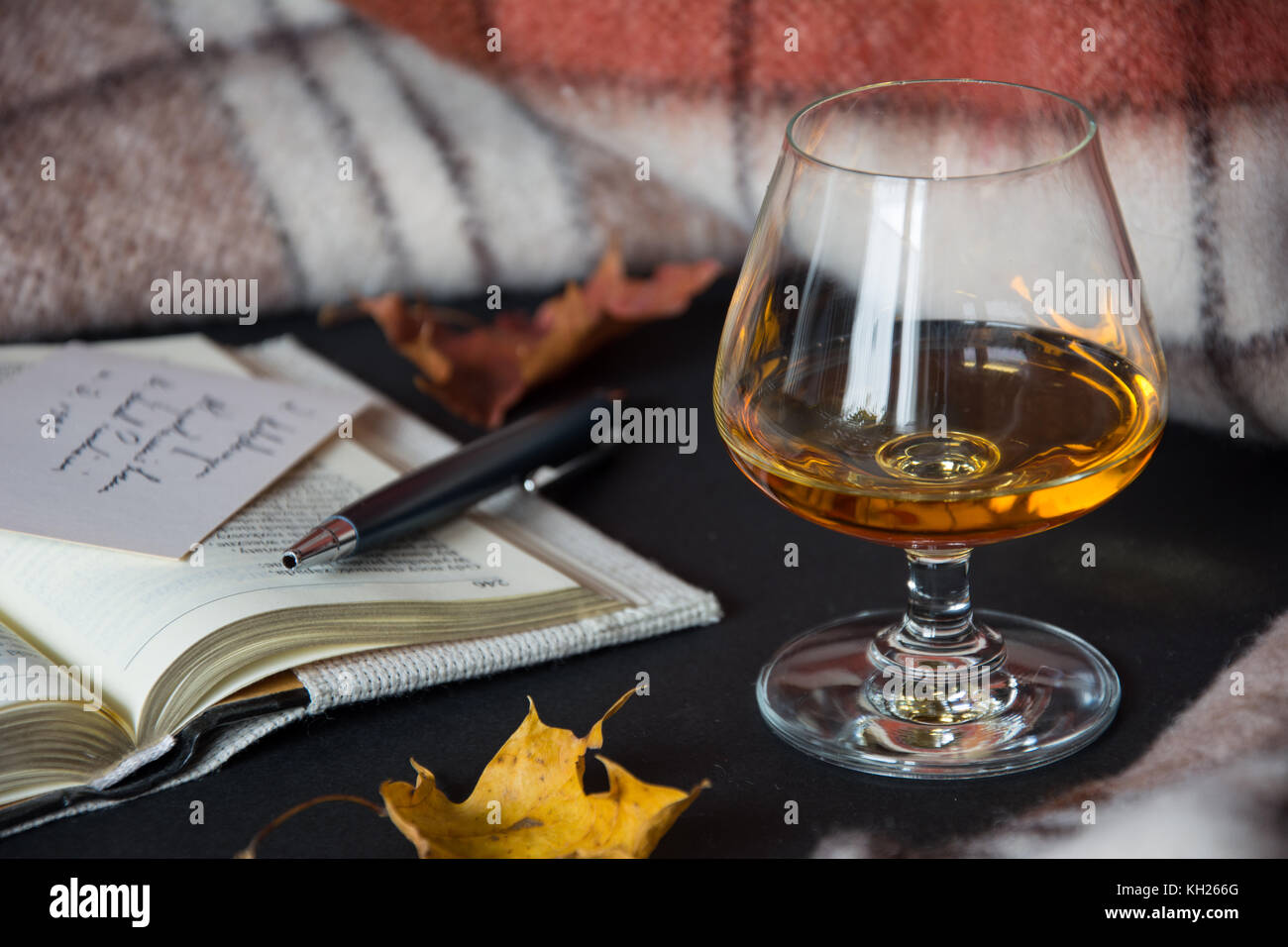 Un verre d'alcool ambré avec un livre ouvert, des feuilles sèches, une couverture chaude et bille en arrière-plan Banque D'Images