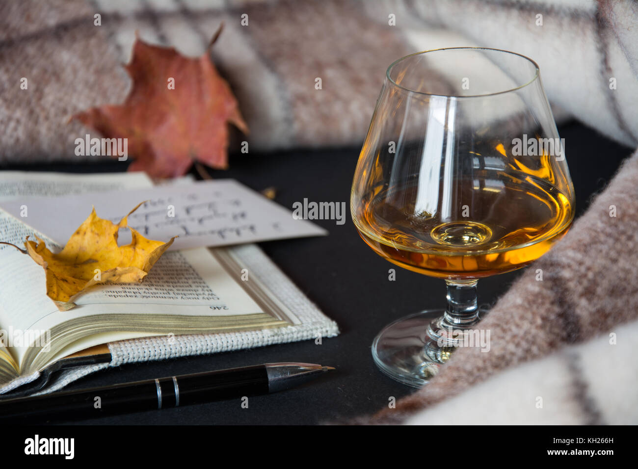 Un verre d'alcool ambré avec un livre ouvert, des feuilles sèches, un stylo-bille noir et couverture chaude en arrière-plan Banque D'Images