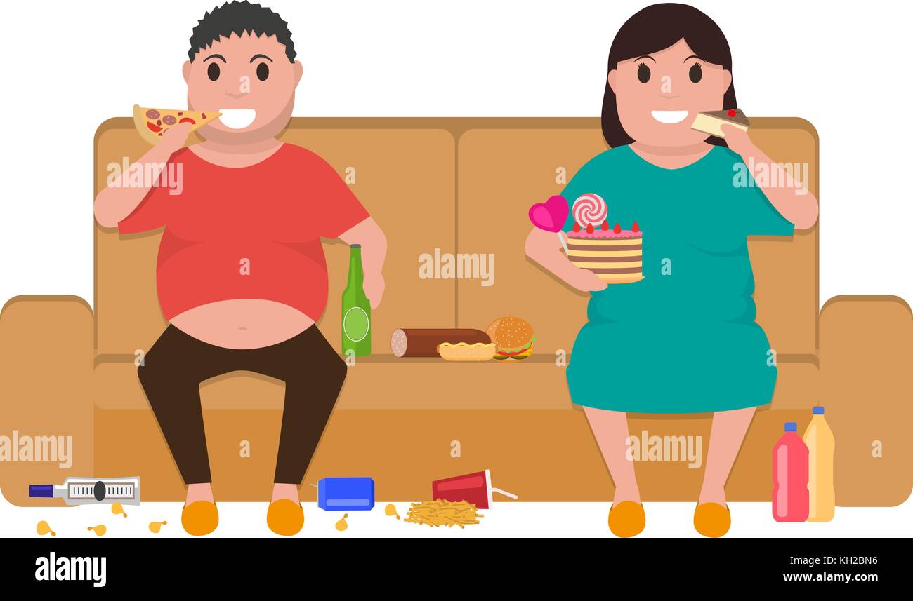 Cartoon fat man woman sitting on couch manger nourriture Illustration de Vecteur