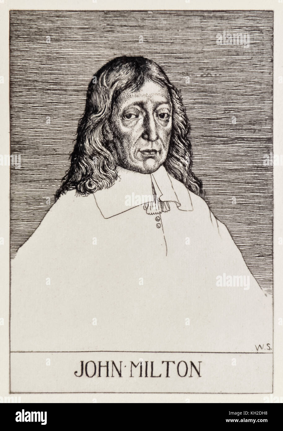Frontispice portrait de John Milton (1608-1674) de 'Paradis perdu' par une série de 12 illustrations gravées par William Strang (1859-1921). Voir plus d'informations ci-dessous. Banque D'Images