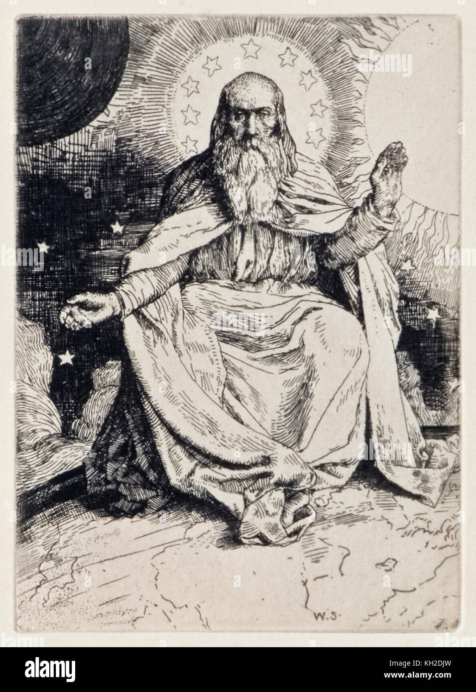 'La création du Monde' de 'Paradis perdu' de John Milton (1608-1674) une série de 12 illustrations gravées par William Strang (1859-1921). Voir plus d'informations ci-dessous. Banque D'Images