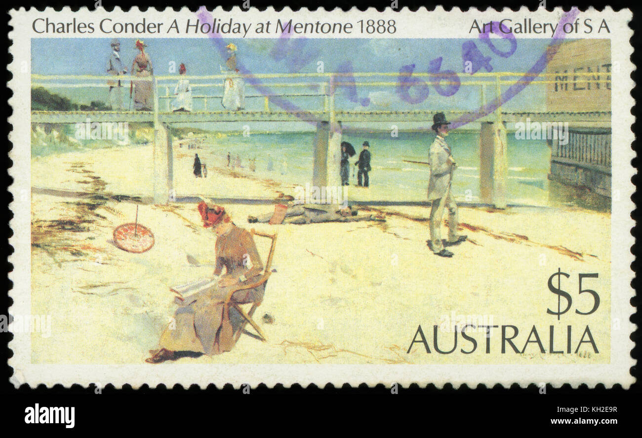 L'AUSTRALIE - circa 1984 : timbre-poste imprimé en Australie avec l'image d'une peinture de 1888, une maison de vacances à Mentone, par Charles Conder à partir de la galerie d'Art Banque D'Images