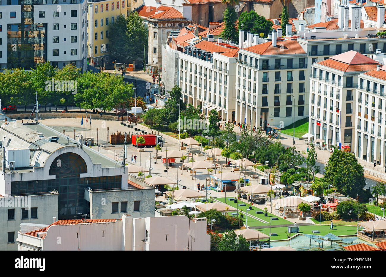 Vue aérienne des vieilles rues de Lisbonne. Place Martim Moniz. Banque D'Images
