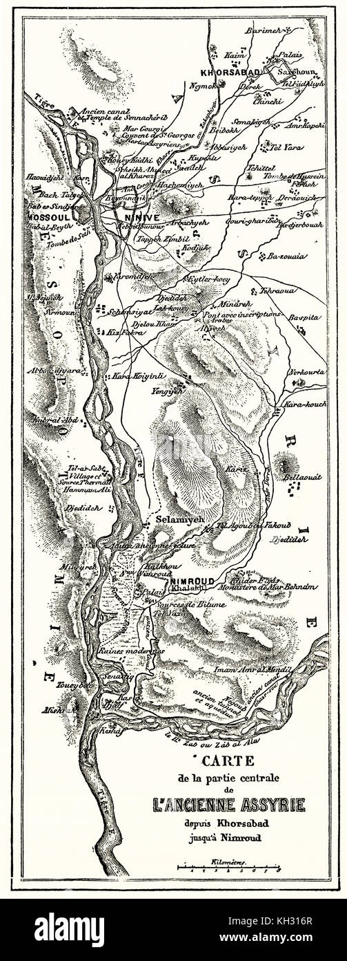 Carte ancienne de l'Assyrie. Par auteur non identifié, publ. sur le Tour du Monde, Paris, 1863 Banque D'Images