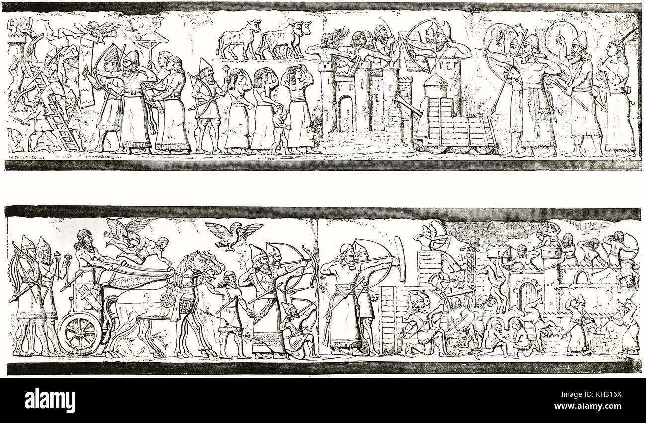 Ancienne reproduction d'un bas-relief assyrien conservés dans le musée du Louvre (représentant le siège d'une ville). Par Catenacci, publ. sur le Tour du Monde, Paris, 1863 Banque D'Images