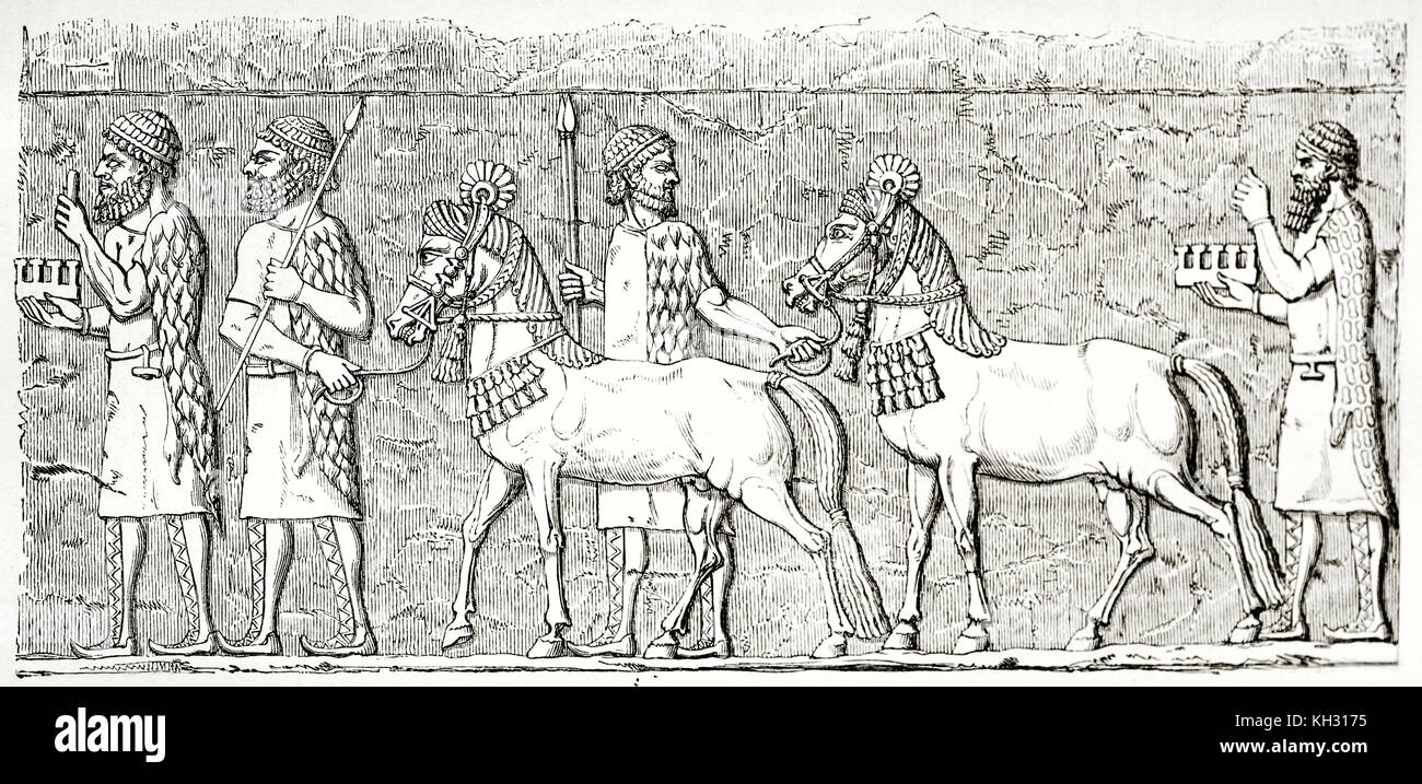 Ancienne reproduction d'Assyryan bas-relief conservé au musée du Louvre représentant des chevaux dans un cortège. Par Catenacci, publ. sur le Tour du Monde, Paris, 1863 Banque D'Images