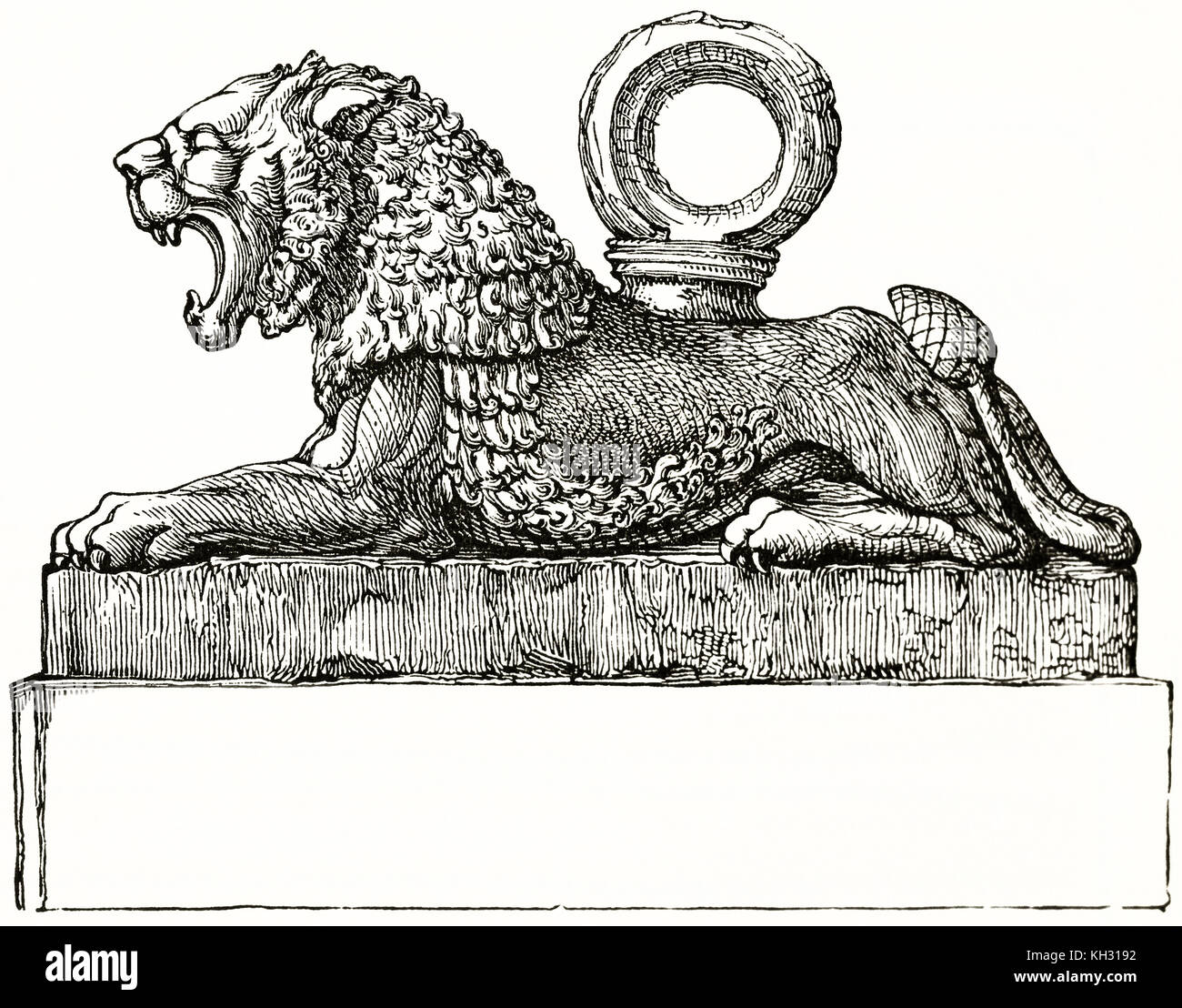 Vieille illustration d'un lion de bronze trouvés dans le palais (Assurbanipal Roi d'Assyrie). Par Catenacci, publ. sur le Tour du Monde, Paris, 1863 Banque D'Images