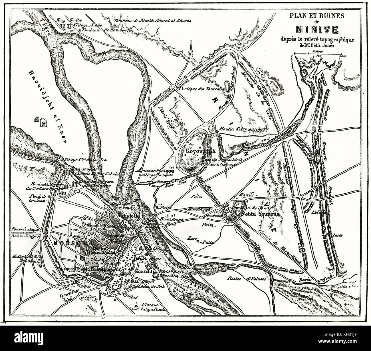Carte ancienne de Ninive. Après Felix Jones, publ. sur le Tour du Monde, Paris, 1863 Banque D'Images