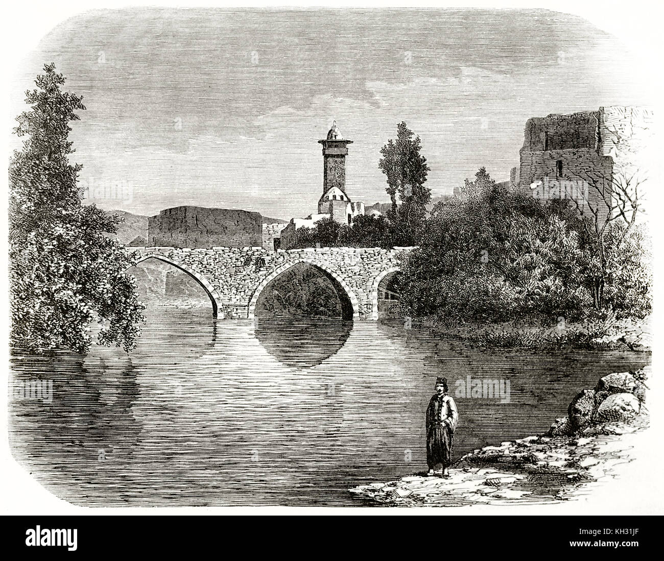 Vue ancienne d'un pont à l'Oronte, en Syrie. Par De Bar après Hachette, publ. sur le Tour du Monde, Paris, 1863 Banque D'Images