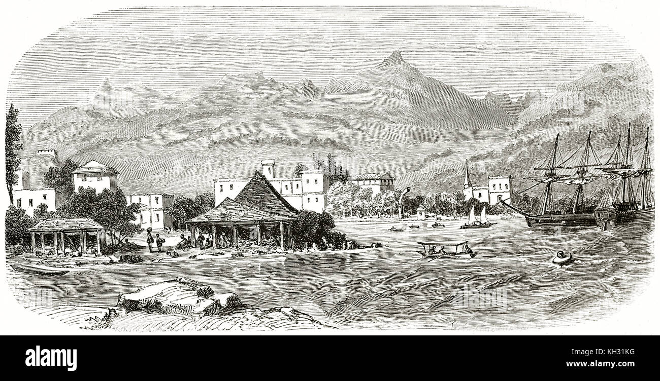 Vue ancienne de Port Louis, à Maurice. Par Girardet, publ. sur le Tour du Monde, Paris, 1863 Banque D'Images