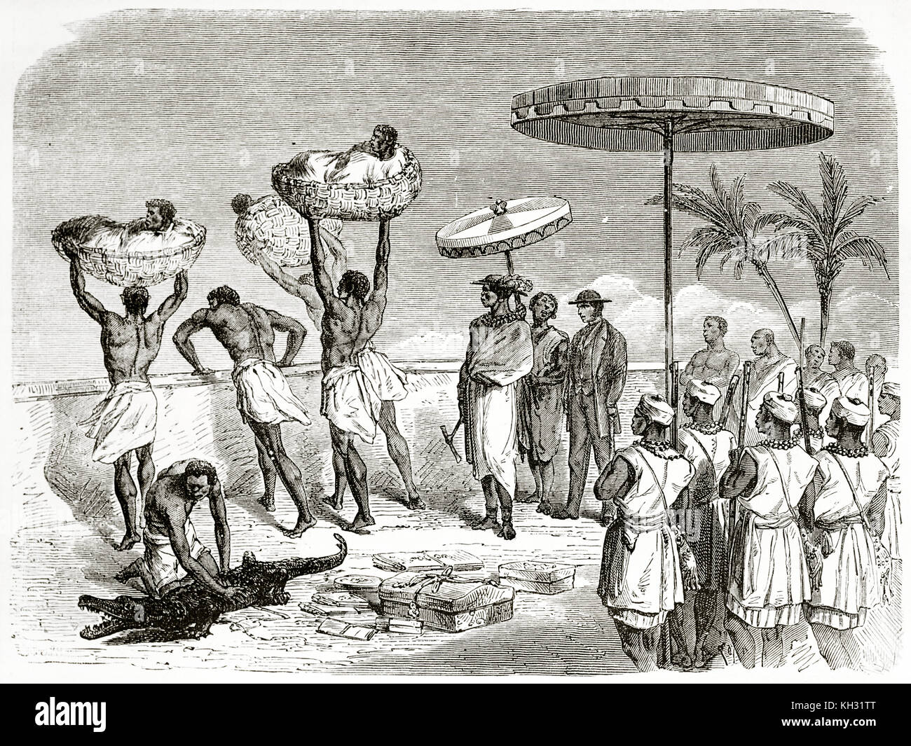 Vieille illustration : victimes sacrificielles ont lancé à partir de la terrasse du palais royal, Dahomey. Par Foulquier après Forbes, publ. sur le Tour du Monde, Paris, 1863 Banque D'Images