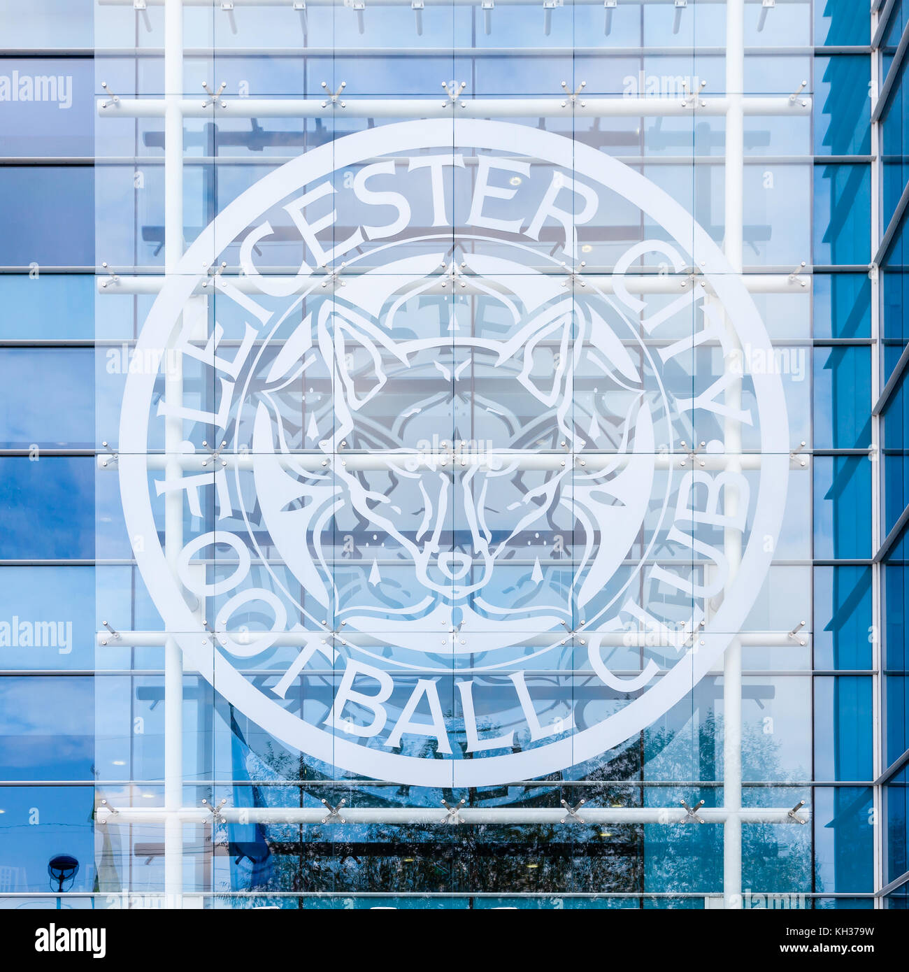 La ville de Leicester orne le badge King Power stadium en Angleterre. Le stade abrite le club de football de Leicester City. Banque D'Images