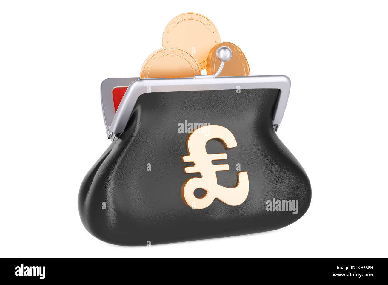 Sac à main avec le symbole de la livre sterling et des pièces d'or à l'intérieur, rendu 3D isolé sur fond blanc Banque D'Images