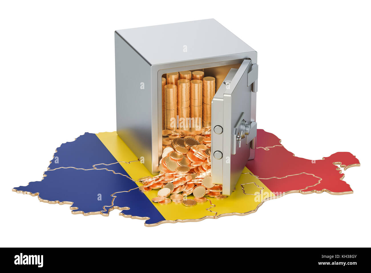 Coffre fort avec des pièces d'or sur la carte de la Roumanie, rendu 3D isolé sur fond blanc Banque D'Images