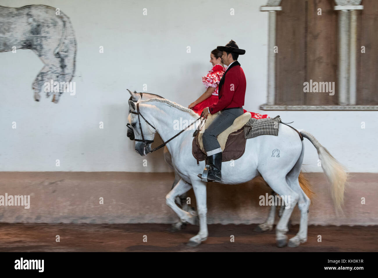 Amérique Centrale, Costa Rica, Province D'Alajuela, Rancho San Miguel. Spectacle de chevaux andalous traditionnel, cavaliers féminins et masculins dans une tenue typiquement espagnole. Banque D'Images