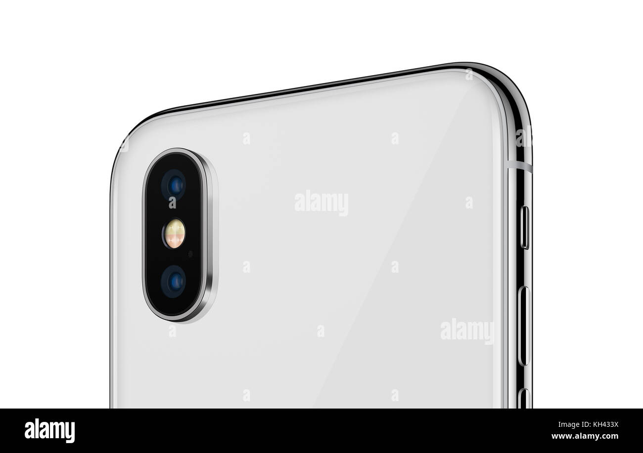 Smartphone tourné blanc similaire à l'iPhone X arrière close up avec module de caméra isolé sur fond blanc Banque D'Images