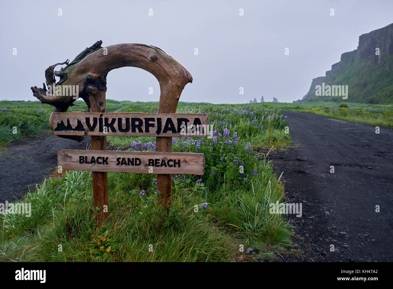 Panneau à l'entrée de la plage de sable noir, vik, Islande Banque D'Images