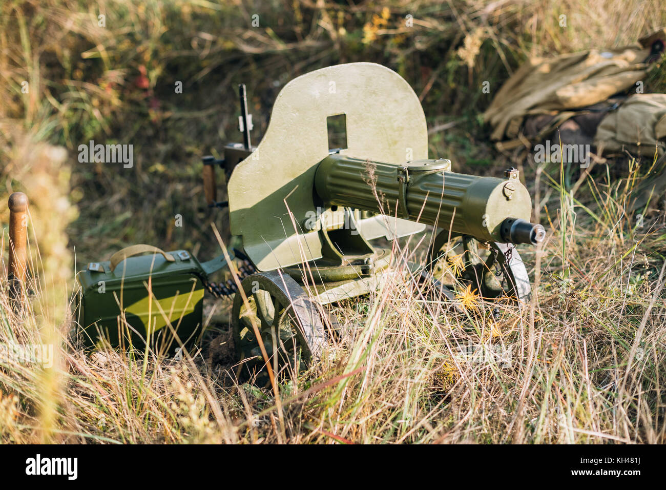 Dyatlovichi, Bélarus - 1 octobre 2016 : La mitrailleuse Maxim Model 1910/30 sur un mont du Vladimirov. PM M1910 a été une des armes lourdes utilisées par Th Banque D'Images