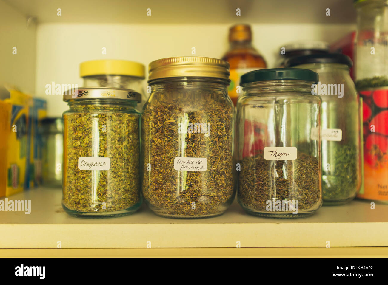 Les herbes stockées dans des bouteilles en armoire de cuisine (les étiquettes sont en français, d'où les herbes et de thym, le thym et les herbes pas) Banque D'Images