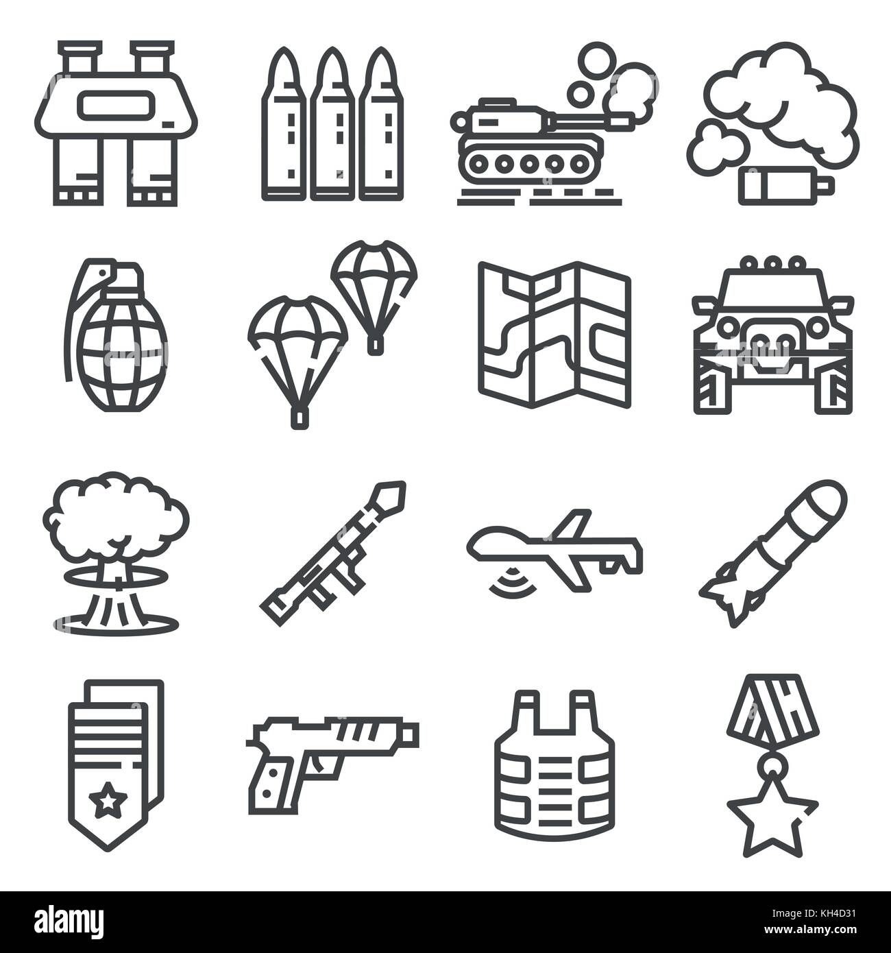 Ligne vectorielle et l'armée thème militaire icons set Illustration de Vecteur