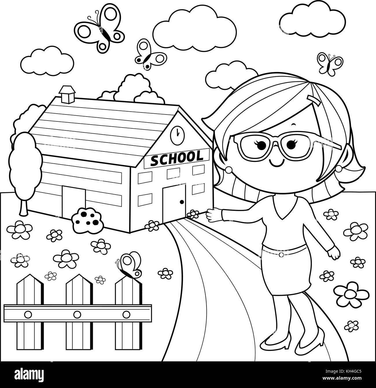 Enseignant devant le bâtiment de l'école accueillant les élèves. Bienvenue de retour à l'école. Page de coloriage noir et blanc vectoriel. Illustration de Vecteur