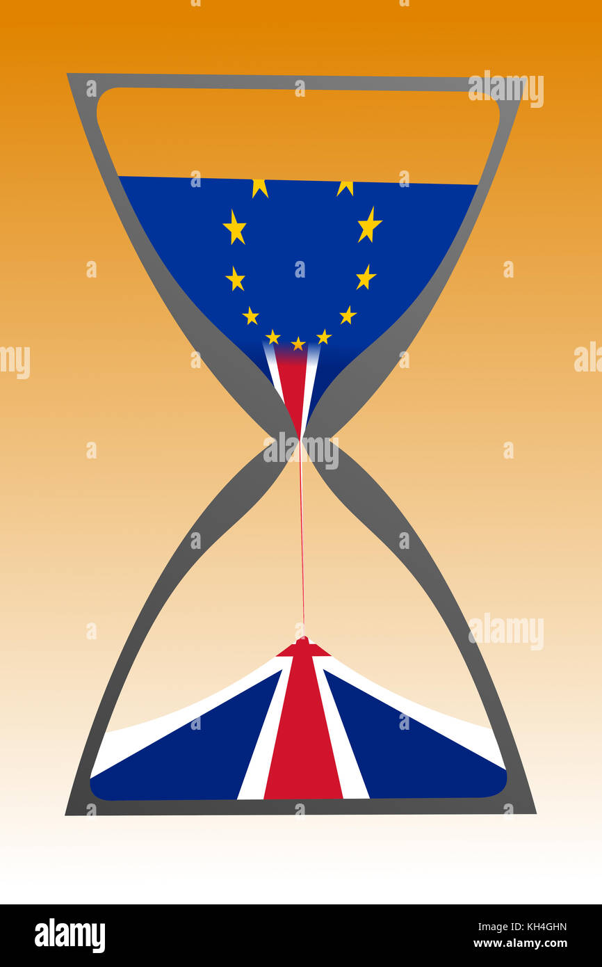 Un concept de brexit comme indiqué par une illustration d'un sablier avec drapeau de l'Union européenne comme le sable haut et le pavillon britannique dégoulinant le long. Banque D'Images