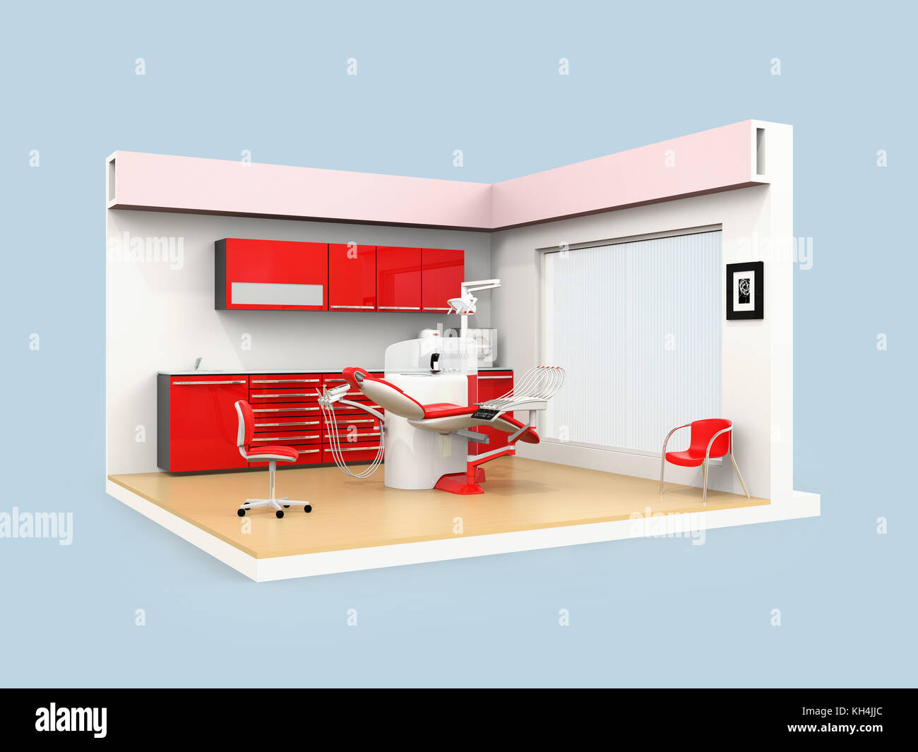 Clinique dentaire fauteuil dentaire avec l'intérieur du cabinet et le rendu 3d image. Banque D'Images