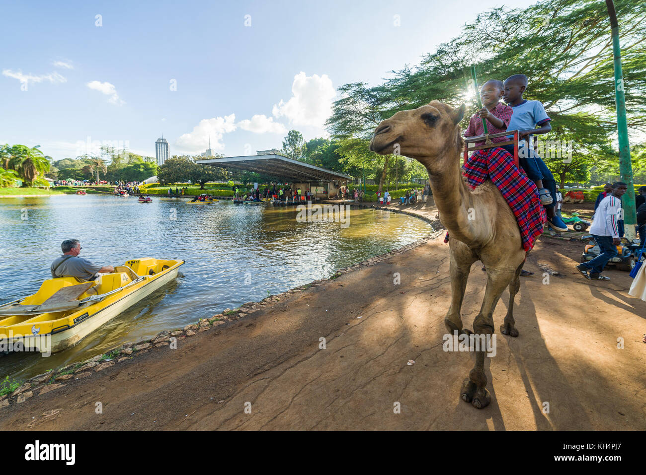 Les gens sur les bateaux en lac de plaisance et un tour de chameau avec des gens en promenade à travers le parc d'Uhuru en fin d'après-midi, lumière, Nairobi, Kenya Banque D'Images