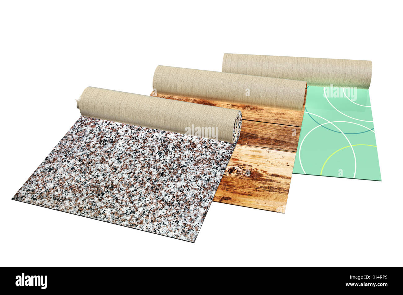 Nouveau linoléum de différentes couleurs avec bois, granit et texture abstraite. Isolé sur fond blanc. rendu 3d. Banque D'Images