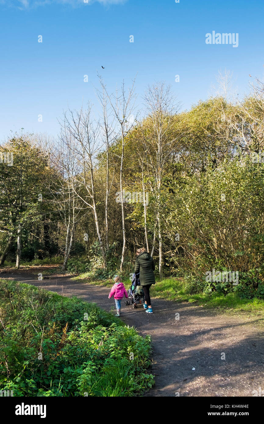 Une mère et ses enfants qui profitent d'une promenade lors d'une journée automnale à Tehidy Country Park Cornwall Royaume-Uni. Banque D'Images