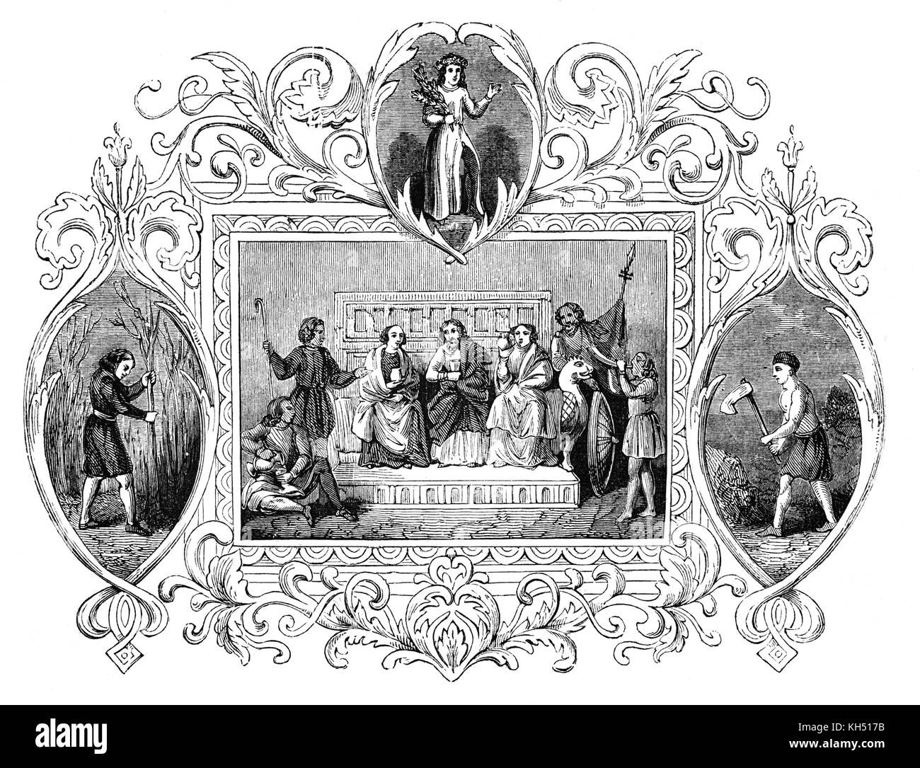 L'invasion anglo-saxonne de l'Angleterre a eu lieu à partir du milieu du cinquième au début du viie siècle, après la fin du pouvoir romain en Grande-Bretagne autour de l'an 410. Le mensuel "la vie" de l'époque est illustrée dans une série de photos. Le calendrier anglo-saxon : 4/12 Oster-Month alias Avril : dans lequel l'illustration principale montre un noble style de divertissement, tandis que les ouvriers agricoles continuent leur travail dans les champs Banque D'Images