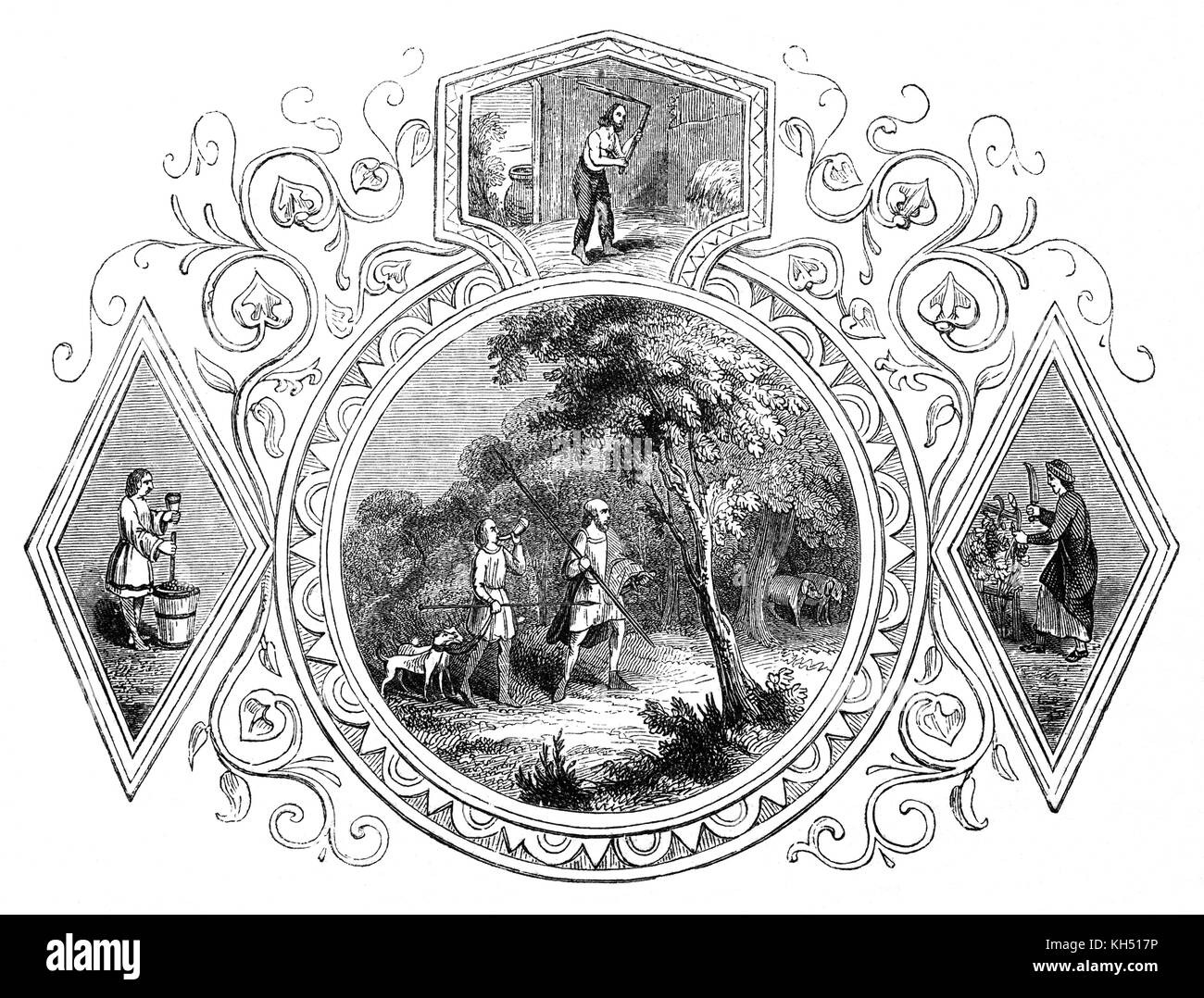 L'invasion anglo-saxonne de l'Angleterre a eu lieu à partir du milieu du cinquième au début du viie siècle, après la fin du pouvoir romain en Grande-Bretagne autour de l'an 410. Le mensuel "la vie" de l'époque est illustrée dans une série de photos. L'Anglo-Saxon 9/12 Calendrier : Septembre aka Gerst-monat ou d'orge par mois : le mois de la récolte d'orge et d'orge de brasserie fabrication, une activité qui peut être vu dans l'arbre les petites illustrations. La principale photo montre la chasse le sanglier nobles engraissés sur les glands, pour laquelle ils ont utilisé des lances de sanglier et bien élevés les chiens de chasse. Banque D'Images L'invasion anglo-saxonne de l'Angleterre a eu lieu à partir du milieu du cinquième au début du viie siècle, après la fin du pouvoir romain en Grande-Bretagne autour de l'an 410. Le mensuel "la vie" de l'époque est illustrée dans une série de photos. L'Anglo-Saxon 9/12 Calendrier : Septembre aka Gerst-monat ou d'orge par mois : le mois de la récolte d'orge et d'orge de brasserie fabrication, une activité qui peut être vu dans l'arbre les petites illustrations. La principale photo montre la chasse le sanglier nobles engraissés sur les glands, pour laquelle ils ont utilisé des lances de sanglier et bien élevés les chiens de chasse. Banque D'Images