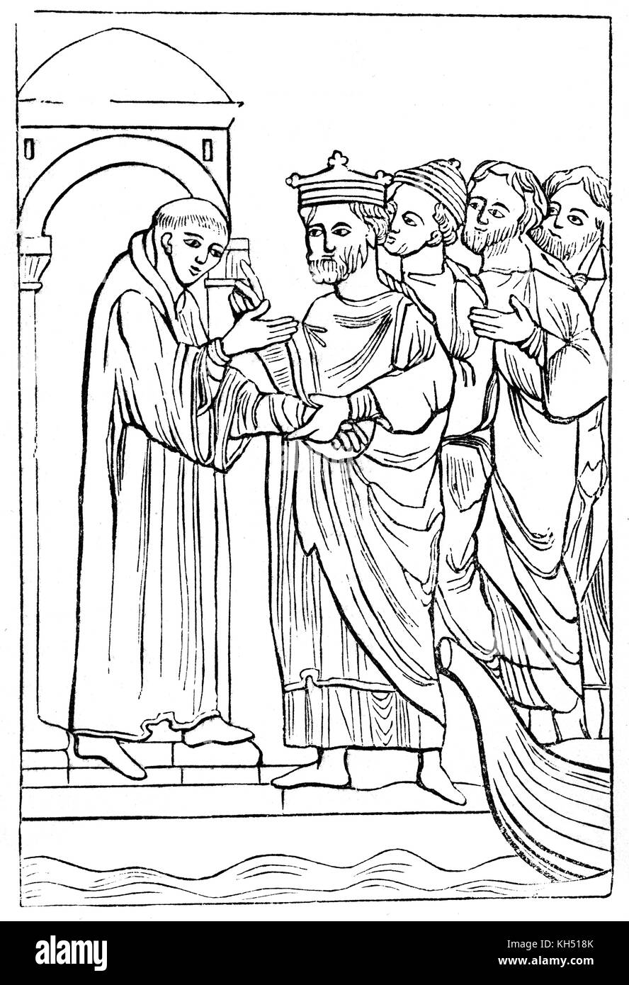 St Cuthbert (ch. 634 - 687) était un saint de l'église tôt dans la tradition celtique. Il a été moine, évêque et ermite et est élu évêque de Lindisfarne au synode de Twyford (City of London). Il était réticent à quitter son île, mais il a été persuadé par le roi Egfrid de Northumbrie à changer d'avis. En 676, il se retire à Inner Farne en ermite.dans le royaume de Northumbrie dans le nord-est de l'Angleterre. Banque D'Images