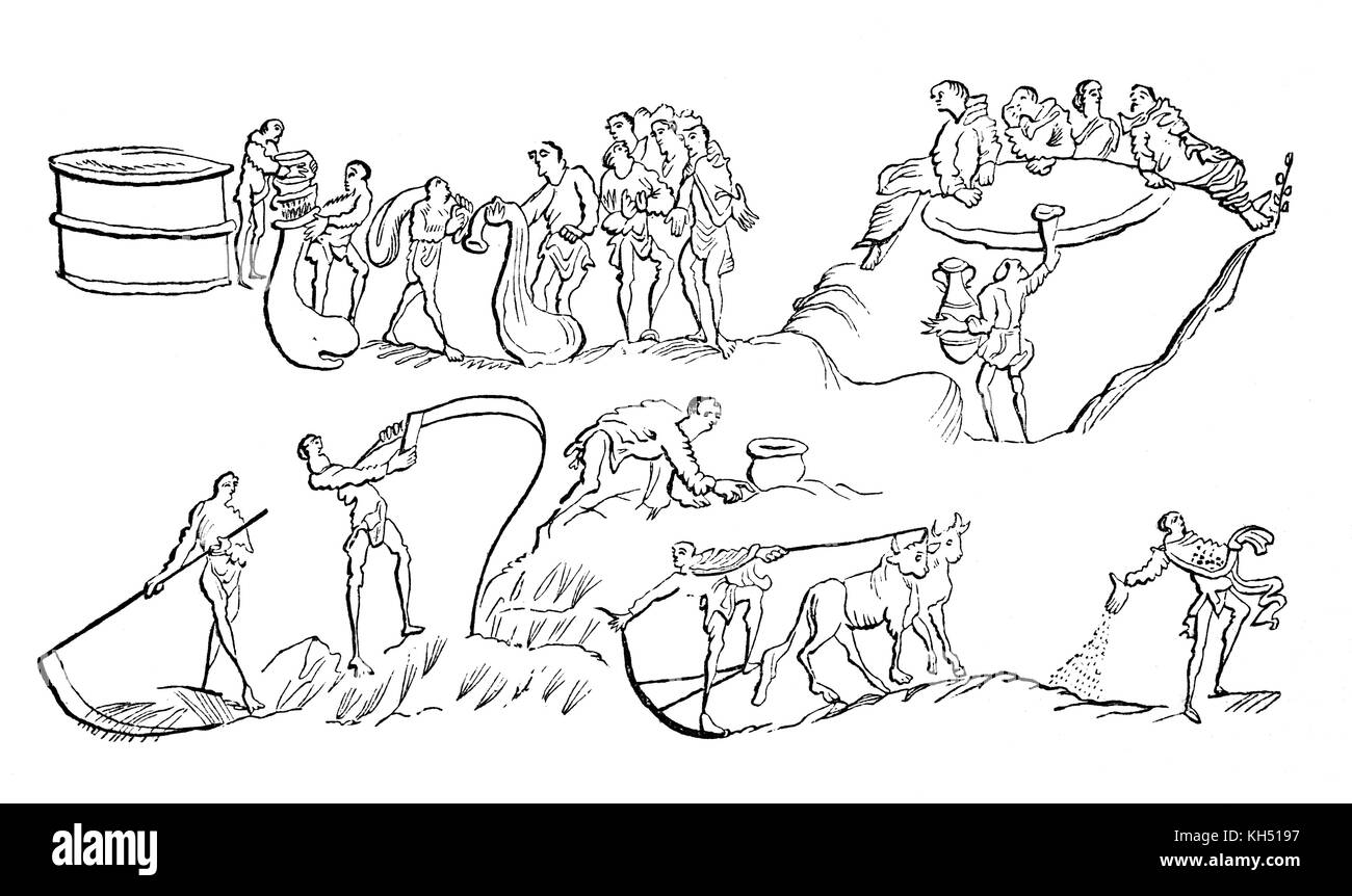 Plusieurs mois de l'activité agricole anglo-saxon au 8ème siècle l'Angleterre y compris le labour, la couture, la tonte, le glanage et la mesure de la récolte de maïs conduisant à un souper. Banque D'Images Plusieurs mois de l'activité agricole anglo-saxon au 8ème siècle l'Angleterre y compris le labour, la couture, la tonte, le glanage et la mesure de la récolte de maïs conduisant à un souper. Banque D'Images