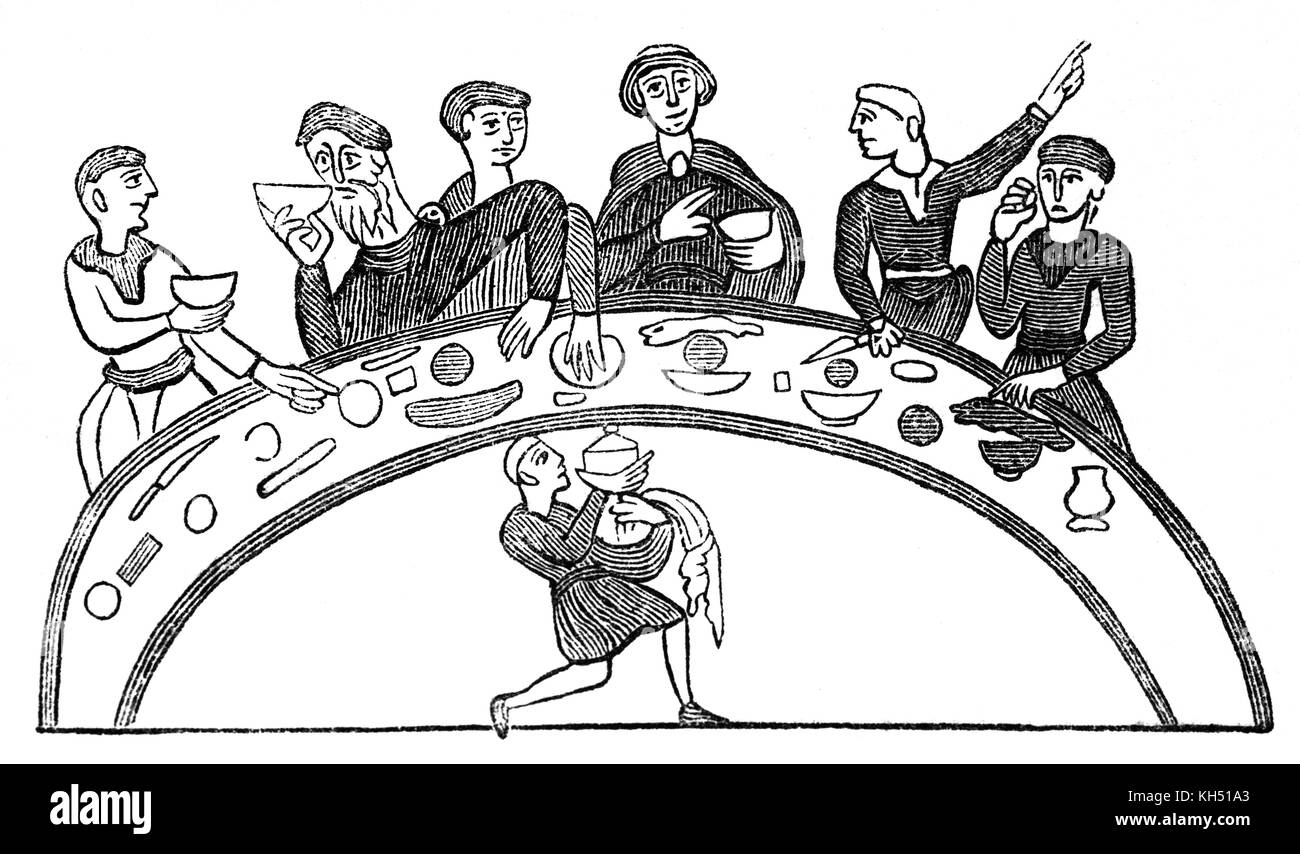 Une fête des récoltes à une table ronde à Anglo saxon 8e siècle en Angleterre. Banque D'Images