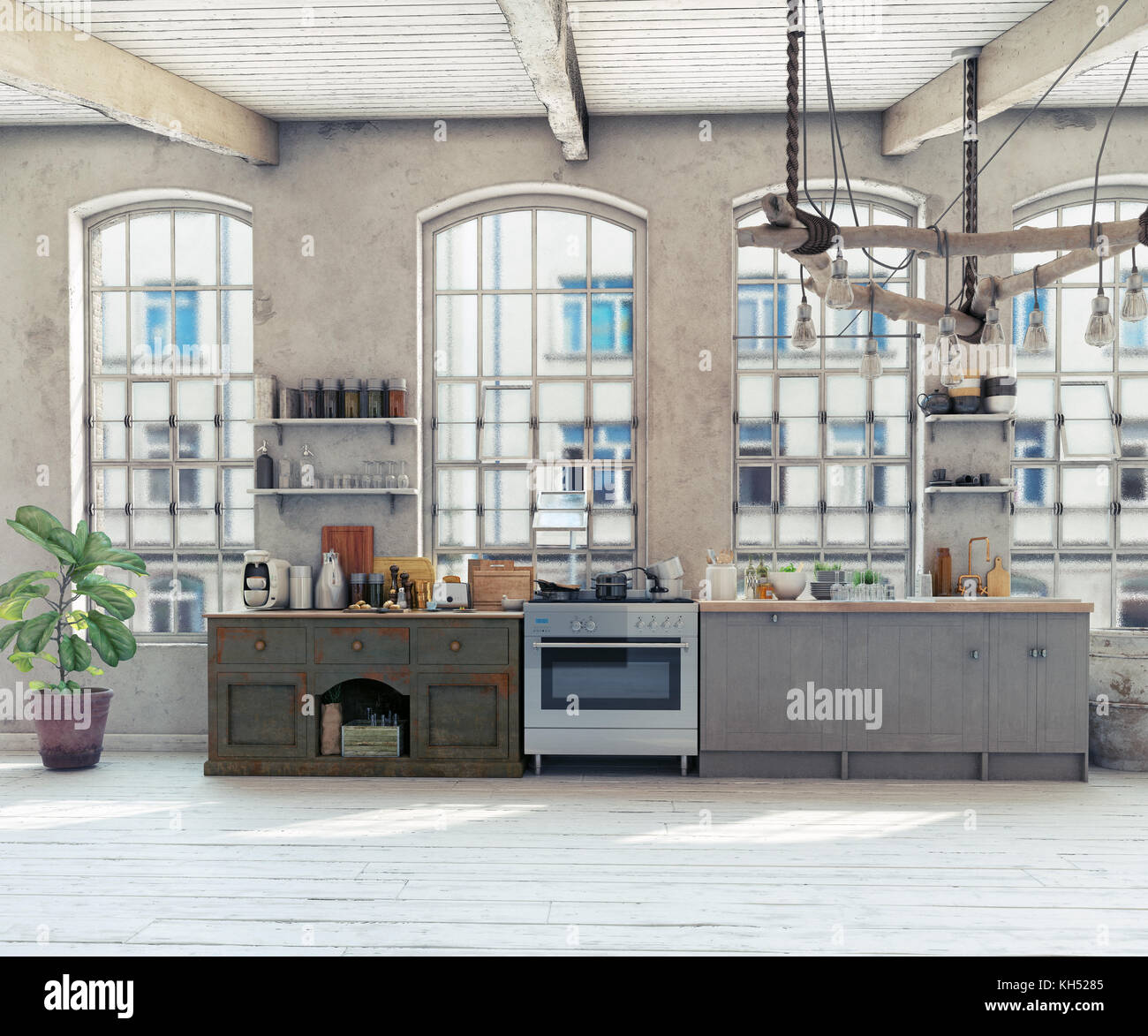 Loft grenier cuisine intérieur. Concept de rendu 3D Banque D'Images