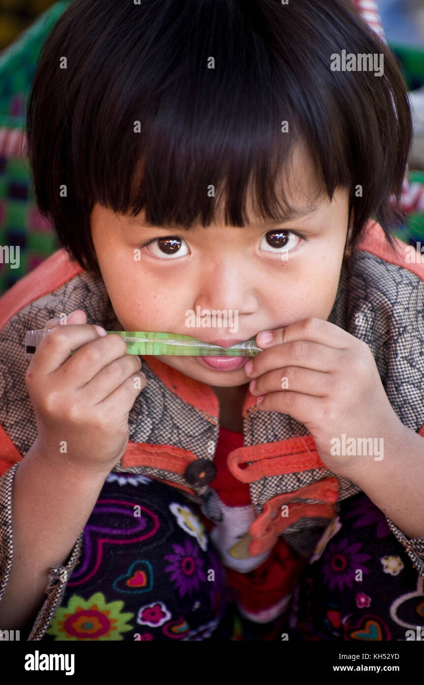 Des champions 2013 manger des légumes à un marché dans le lac Inle au Myanmar, Birmanie Banque D'Images