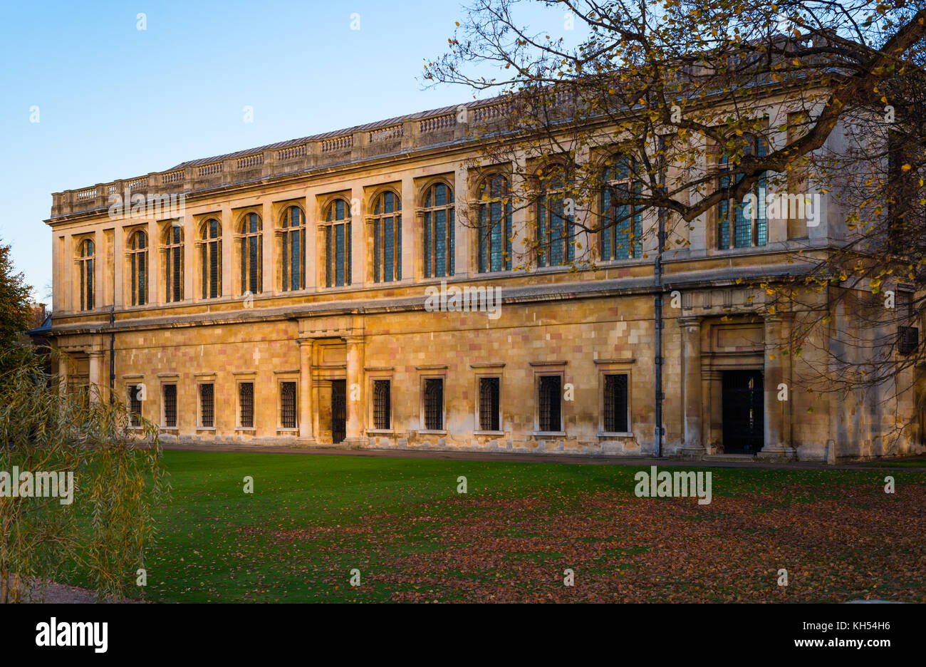 Vue panoramique de la bibliothèque Wren au coucher du soleil, le Trinity College, Université de Cambridge, Cambridgeshire, Royaume-Uni. Banque D'Images