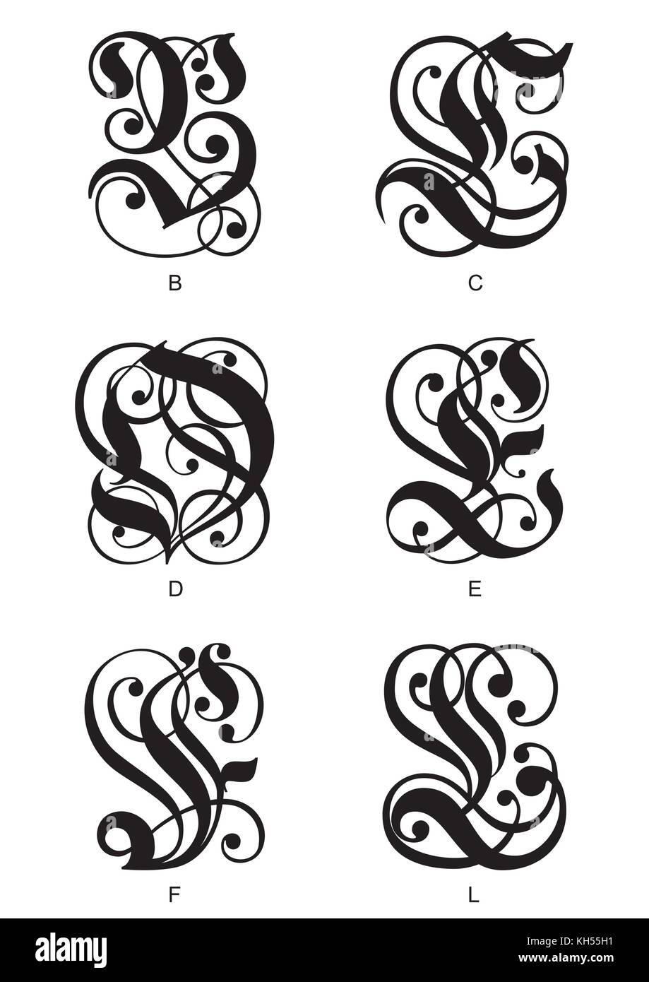 Gothique calligraphique initiales lettres b, c, d, e, f, g Illustration de Vecteur