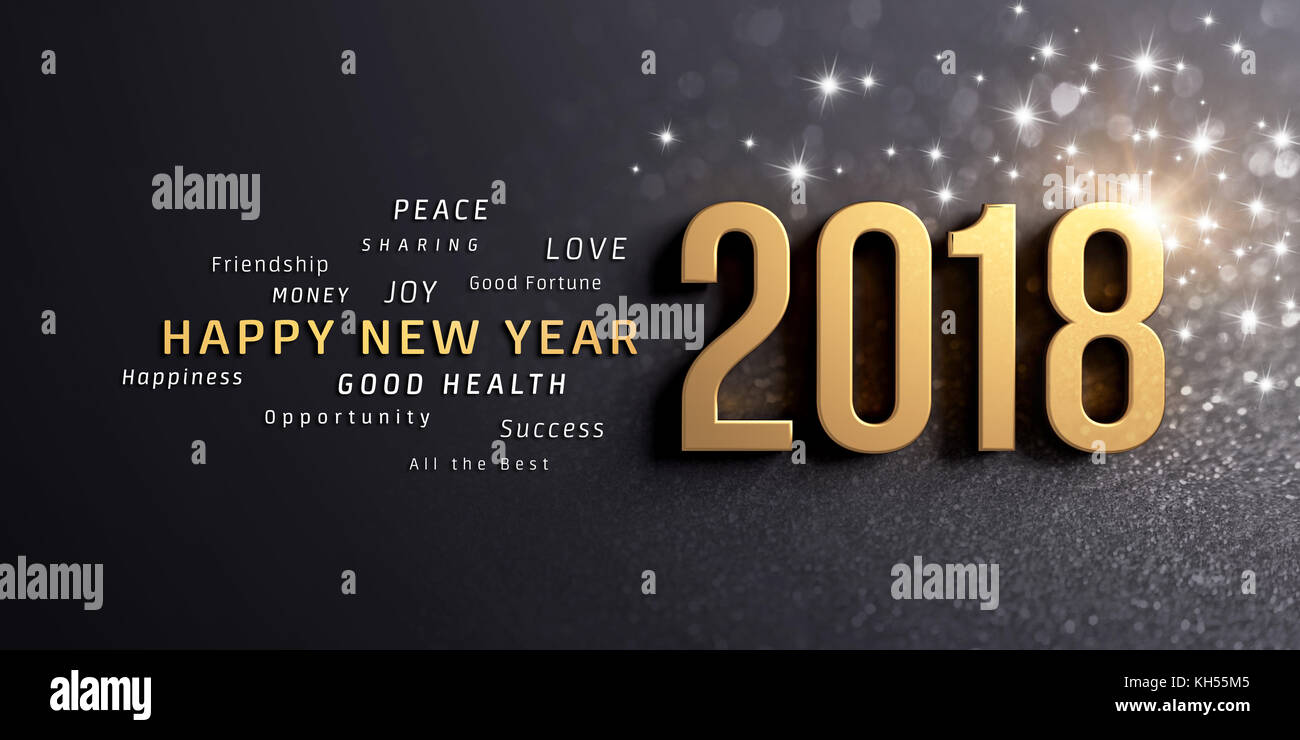 Salutations et bonne année 2018, date de l'or, de couleur sur un fond noir, de fête avec des paillettes et des étoiles - 3d illustration Banque D'Images