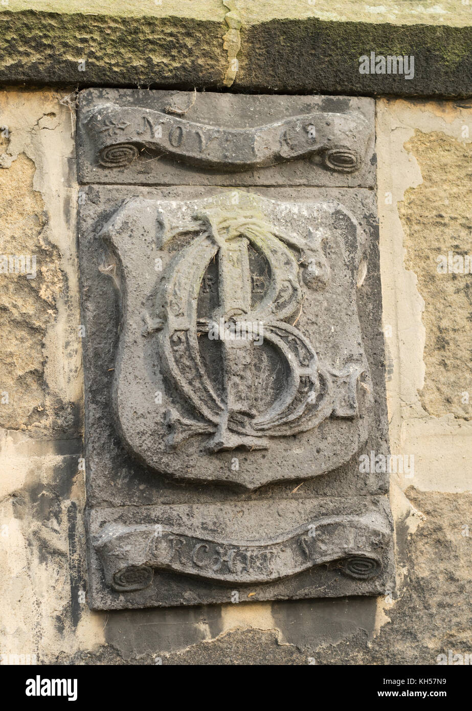 Crest sur la tour de l'église de St Mary, Woodhorn, Northumberland, England, UK Banque D'Images