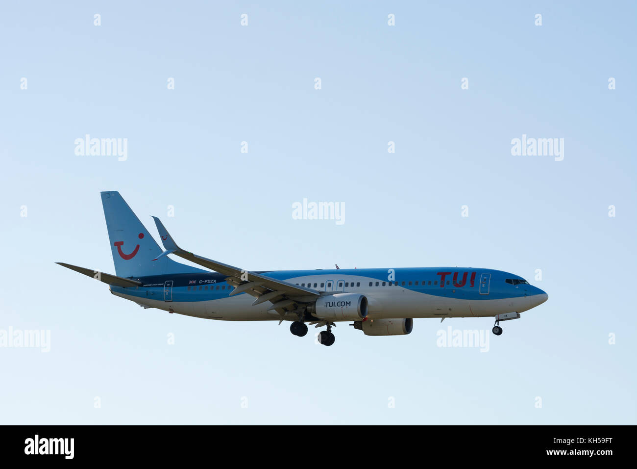 Boeing 737-800 de TUI, à l'atterrissage à l'aéroport de Birmingham, UK (G-FDZA) Banque D'Images