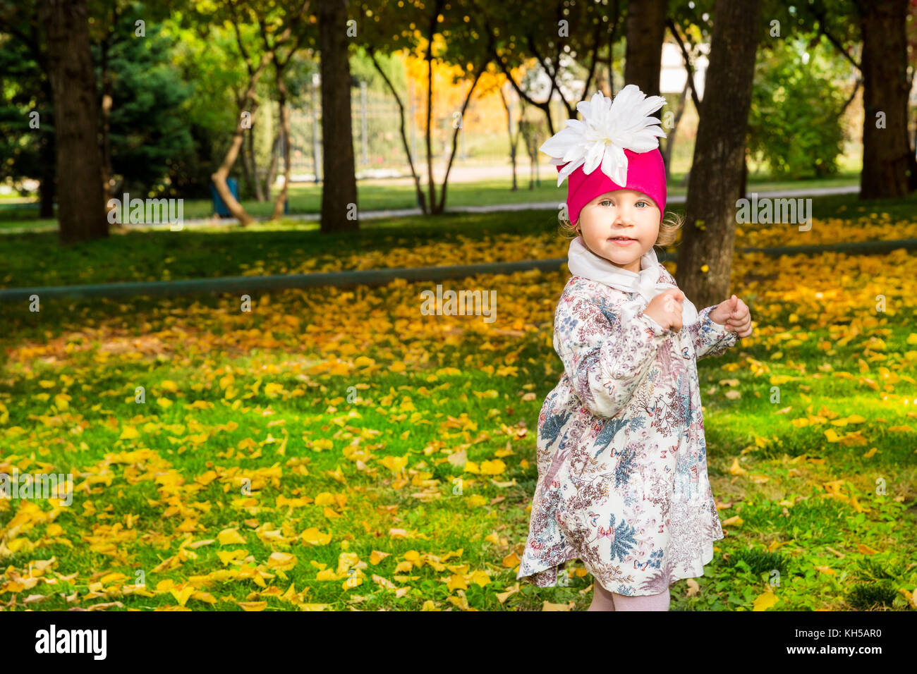 Portrait d'automne de la belle enfant. Happy little girl avec des feuilles dans le parc en automne. Banque D'Images