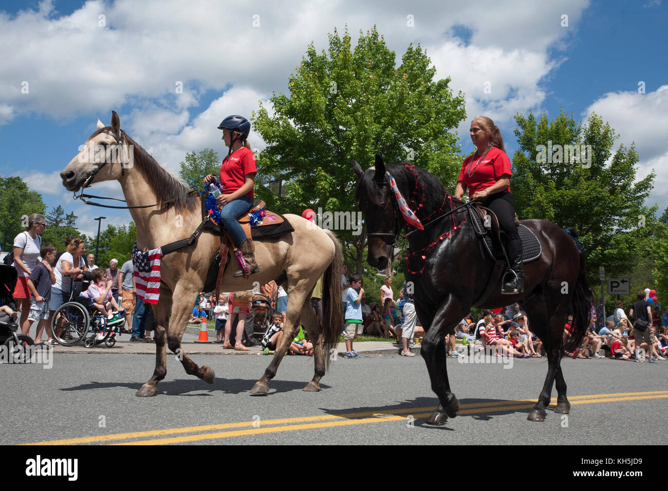 Chevaux et cavaliers participent au défilé du 4 juillet à Williamstown, Massachusetts. Banque D'Images