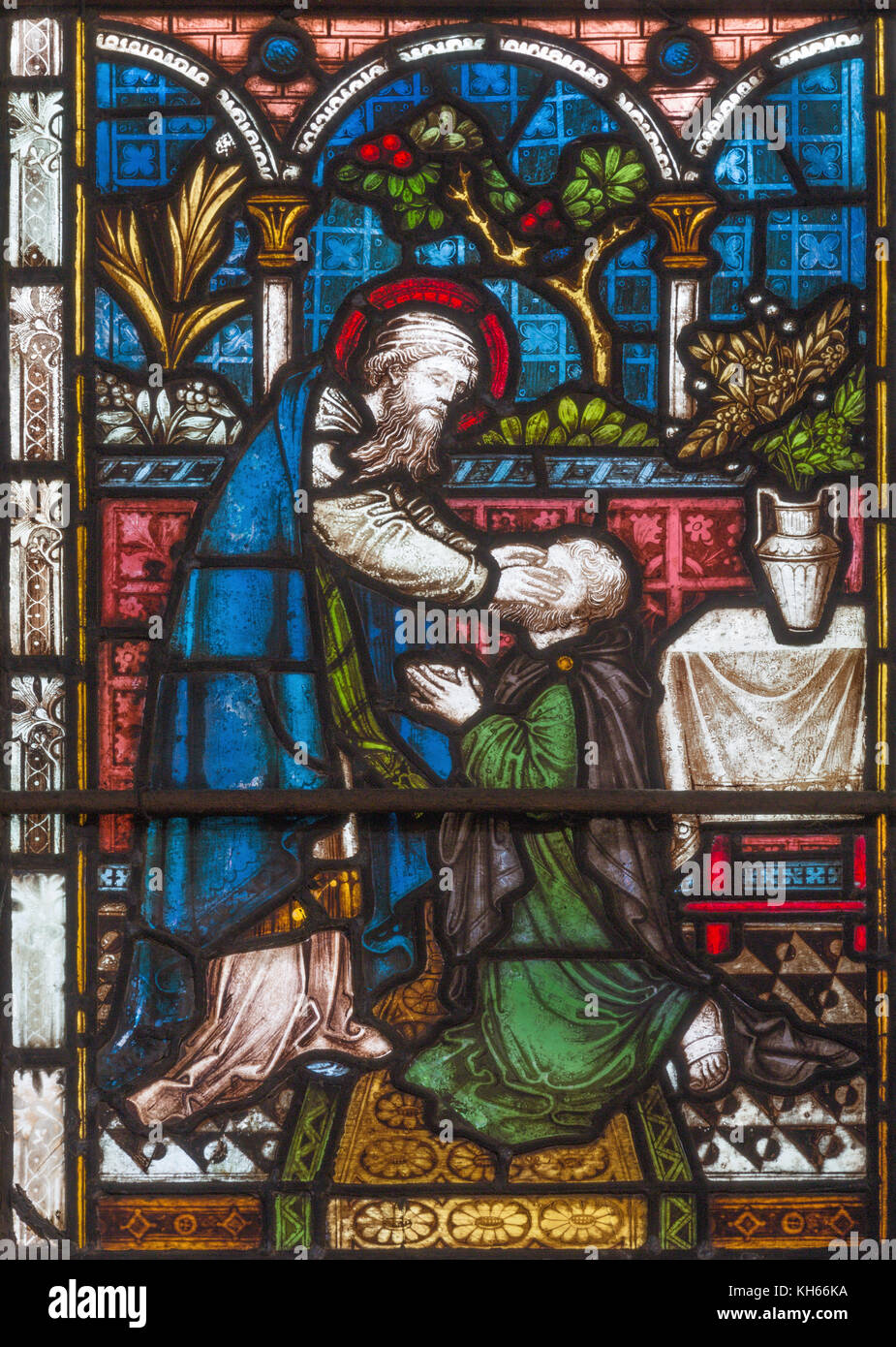 Paris, France - 19 septembre 2017 : l'ananias de recouvrer la vue à Saül sur le vitrail dans l'église St Mary abbot Banque D'Images