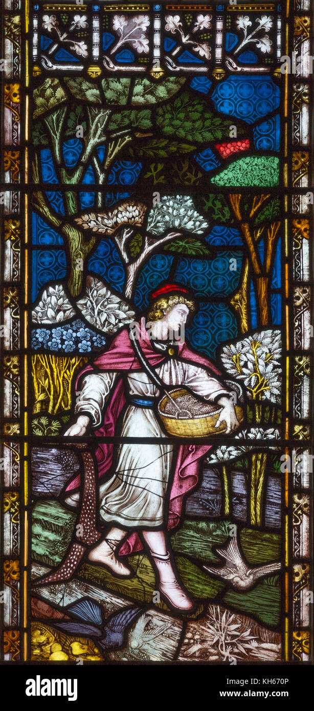 Paris, France - 19 septembre 2017 : la parabole du semeur sur le vitrail dans l'église St Mary abbé de Kensington High Street. Banque D'Images