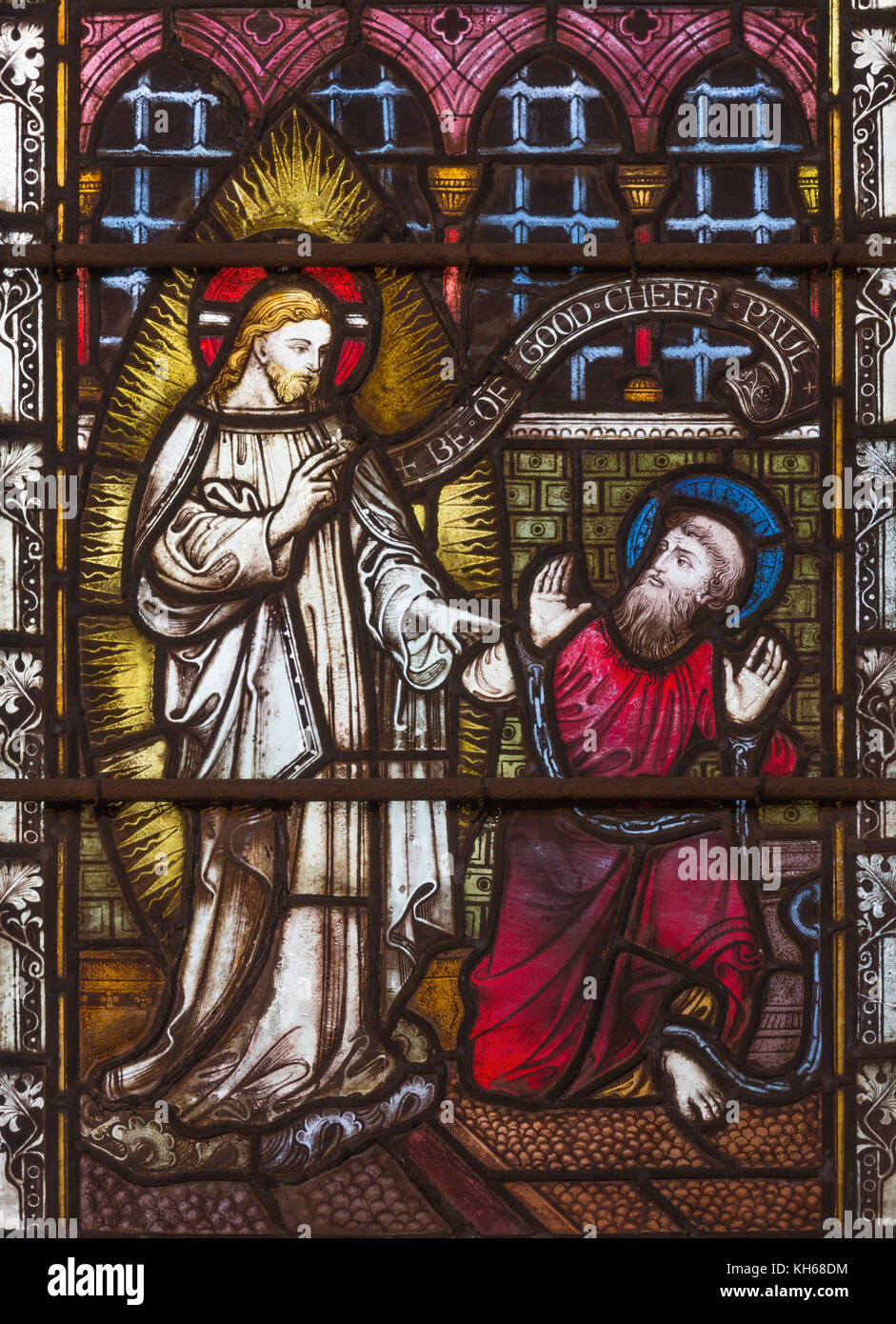 Paris, France - 19 septembre 2017 : l'apparition de Jésus à st. Paul sur le vitrail dans l'église St Mary abbé de Kensington High Street. Banque D'Images