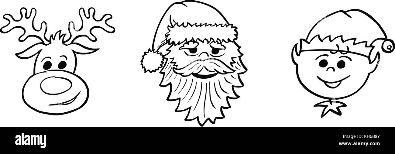 Illustration de dessin animé jeu de Noël Le Père Noël, Elf et Rudolf le renne portraits généraux. Illustration de Vecteur